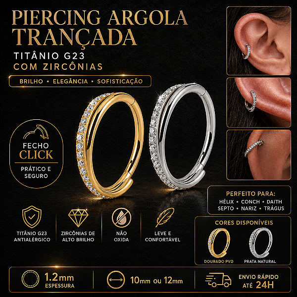 Piercing Argola Trançada Titânio G23 Zircônias Hélix Conch Daith Septo Nariz Trágus Click 10mm 12mm
