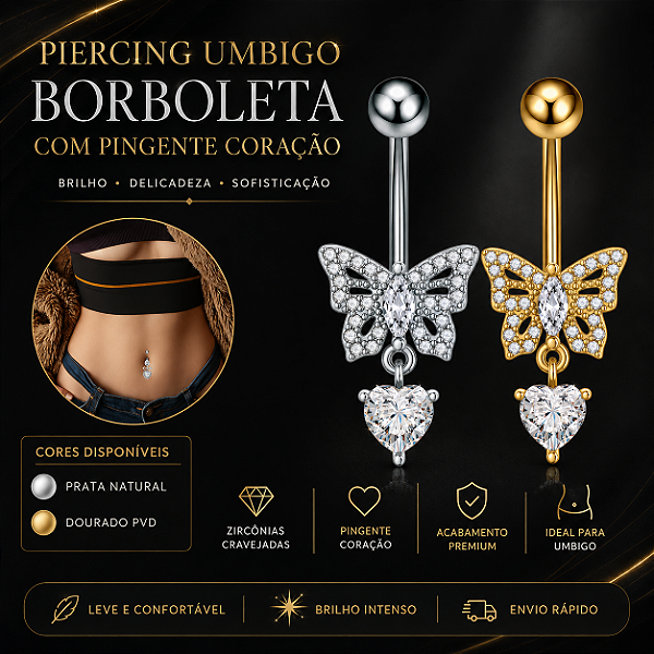 Piercing Umbigo Borboleta Laço Pêndulo Zircônias Cravejadas Aço Cirúrgico Prata Dourado Antialérgico 10mm 1.6mm