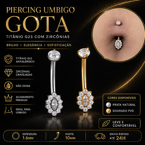 Piercing Umbigo Gota Titânio G23 Zircônias Cravejadas Prata Dourado Antialérgico Belly 10mm 1.6mm