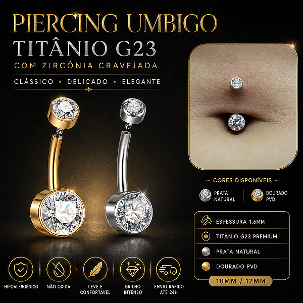 Piercing Umbigo Titânio G23 Zircônia Cravejada Prata Dourado Antialérgico Belly 10mm 1.6mm Feminino
