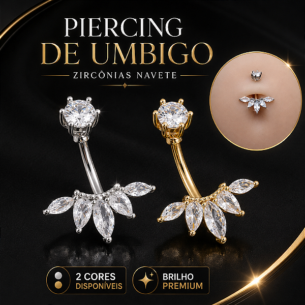 Piercing Umbigo Cluster Titânio G23 5 Zircônias Cravejadas Prata Dourado Antialérgico Belly 10mm 1.6mm