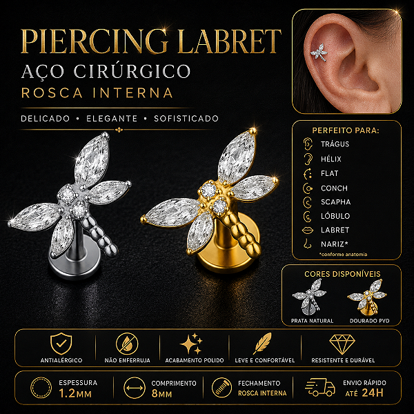 Piercing Labret Aço Cirúrgico Rosca Interna 8mm 1.2mm Trágus Hélix Conch Flat Lóbulo Prata Dourado