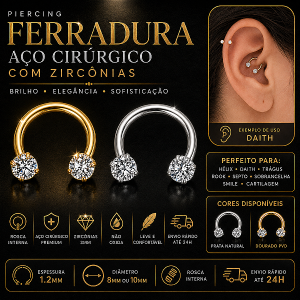 Piercing Argola Ferradura Aço Cirúrgico Rosca Interna Zircônia 8mm 10mm Septo Daith Hélix Trágus Sobrancelha