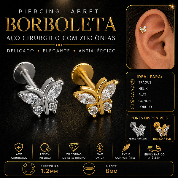 Piercing Borboleta Aço Cirúrgico Labret Zircônia Rosca Interna Trágus Hélix Conch Flat Lóbulo Prata Dourado