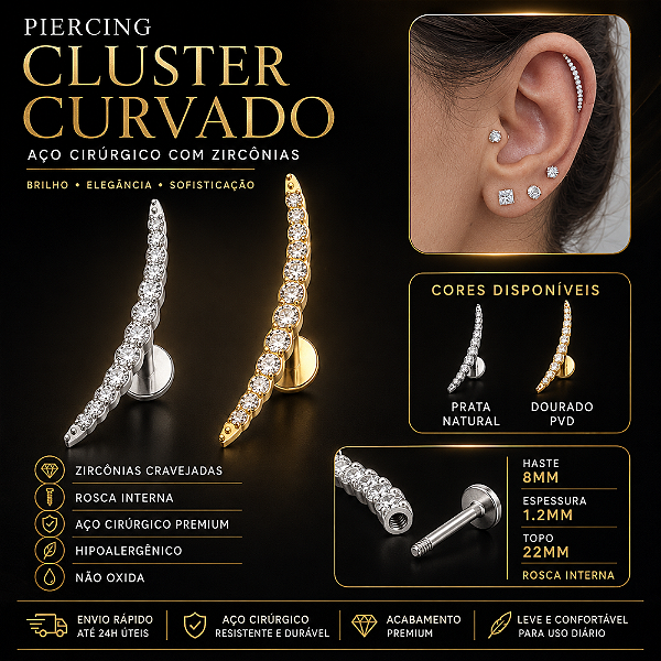 Piercing Cluster Curvado Aço Cirúrgico Zircônia Labret Hélix Conch Flat Lóbulo Trágus Prata Dourado Rosca Interna