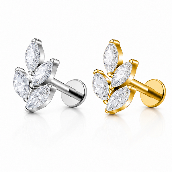 Piercing Flor Ramos Aço Cirúrgico Zircônia Labret Hélix Trágus Conch Flat Lóbulo Prata Dourado Rosca Interna