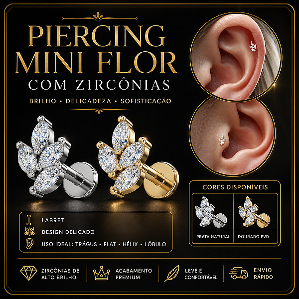 Piercing Flor Ramos Aço Cirúrgico Zircônia Labret Hélix Trágus Conch Flat Lóbulo Prata Dourado Rosca Interna