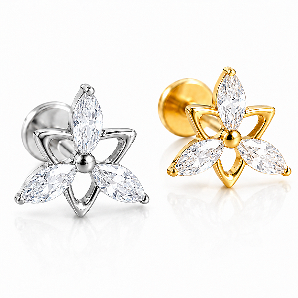 Piercing Labret Triângulo Aço Cirúrgico Zircônia Labret Hélix Trágus Conch Flat Lóbulo Prata Dourado