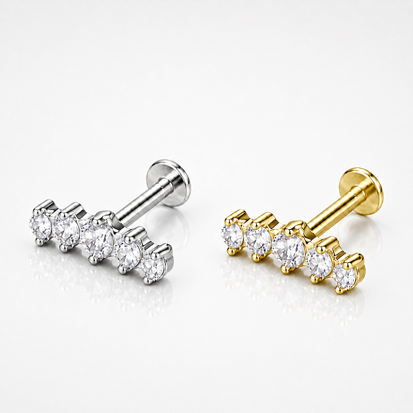 Piercing Cluster Labret Orelha Reto Aço Cirúrgico Zircônia Hélix Trágus Conch Flat Lóbulo Prata Dourado