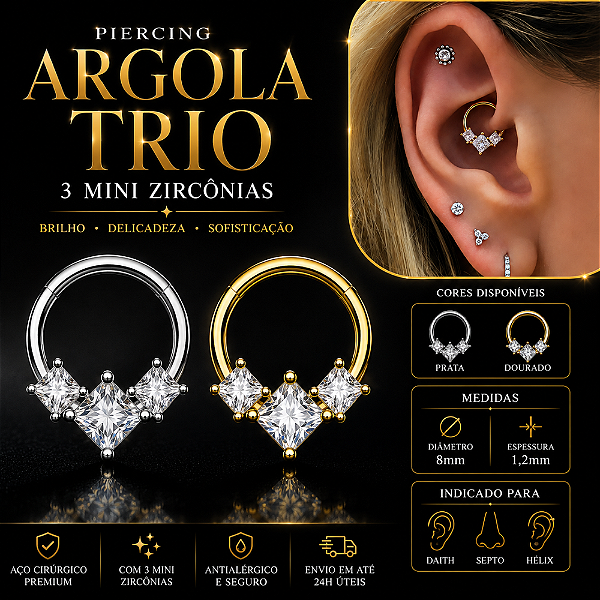 Piercing Argola Trio Orelha Nariz Aço Cirúrgico Zircônia Daith Septo Hélix