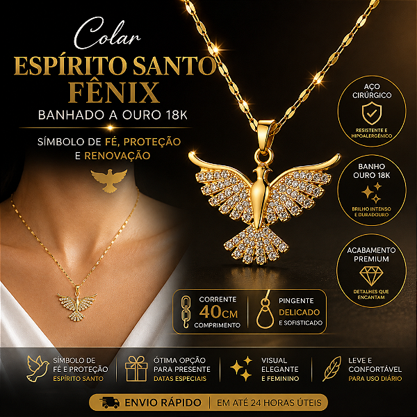 Colar Espírito Santo Fênix Aço Cirúrgico Banhado Ouro 18K Pingente Dourado Corrente 40cm Feminino