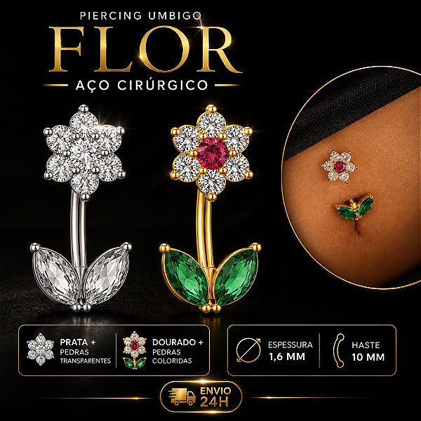 Piercing Umbigo Flor Aço Cirúrgico Pedras Coloridas Zircônias 10mm 1.6mm Feminino Prata Dourado