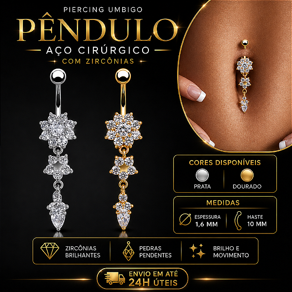 Piercing Umbigo Pêndulo Zircônia Aço Cirúrgico Dourado 10mm 1.6mm Pedras Pendentes Cravejado Feminino
