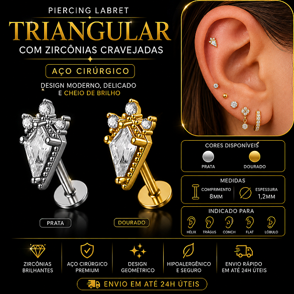Piercing Labret Aço Cirúrgico Triângulo Zircônia Labret Hélix Trágus Conch Flat Lóbulo 8mm Prata Dourado