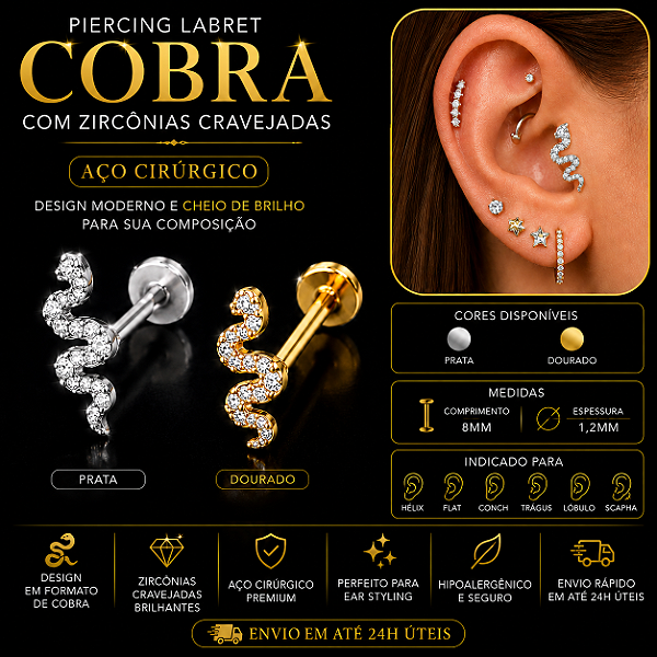 Piercing Cobra Zircônia Labret Aço Cirúrgico Hélix Trágus Conch Flat Orelha 8mm 1,2mm Prata Dourado