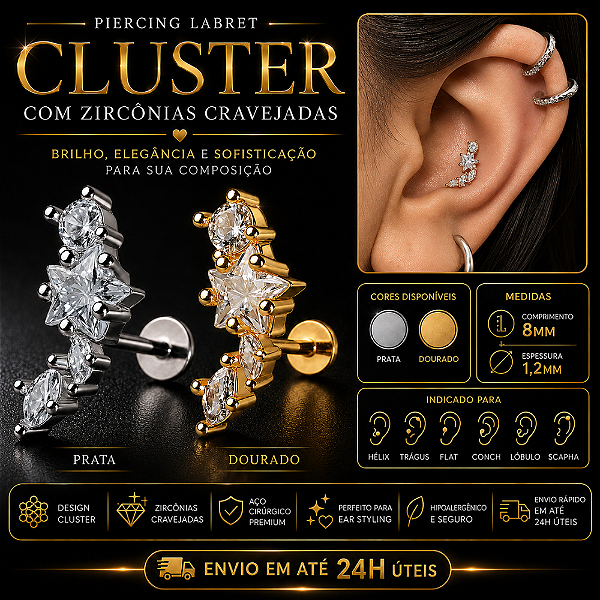 Piercing Labret Aço Cirúrgico Cluster Zircônia Hélix Trágus Conch Flat Orelha Prata Dourado