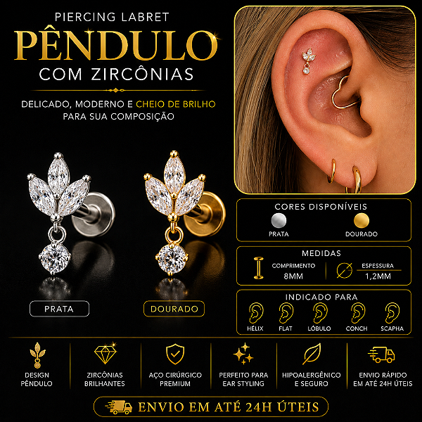 Piercing Labret Aço Cirúrgico Orelha Pêndulo Zircônia  Hélix Trágus Conch Flat Lóbulo Dourado