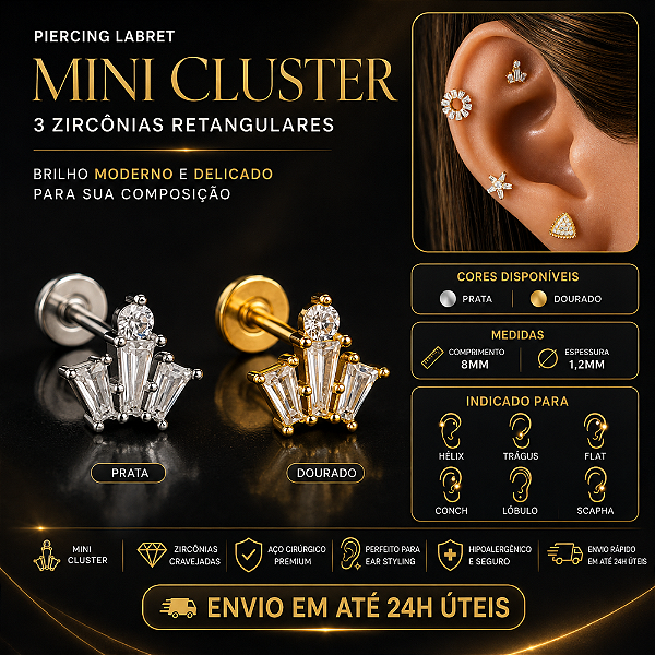 Piercing Mini Cluster 3 Zircônias Retangulares Labret Aço Cirúrgico Hélix Trágus Conch Flat Prata Dourado