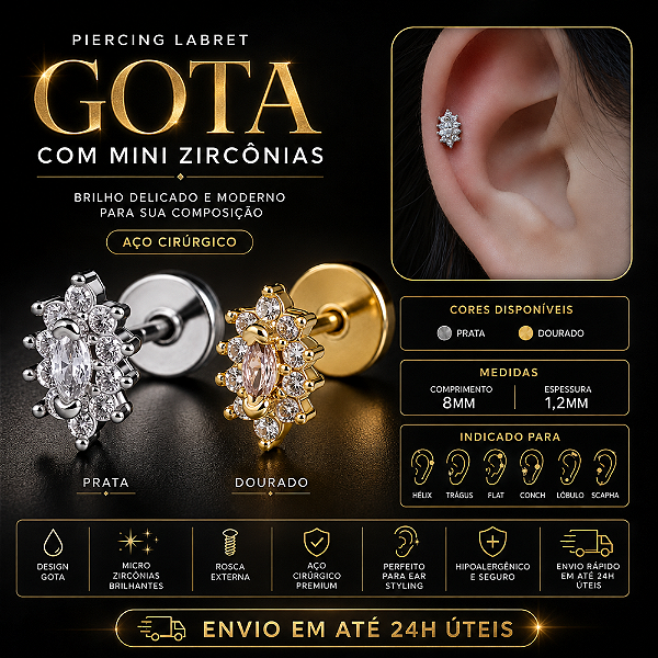 Piercing Labret Aço CirúrgicoGota Zircônia Hélix Trágus Conch Flat Lóbulo