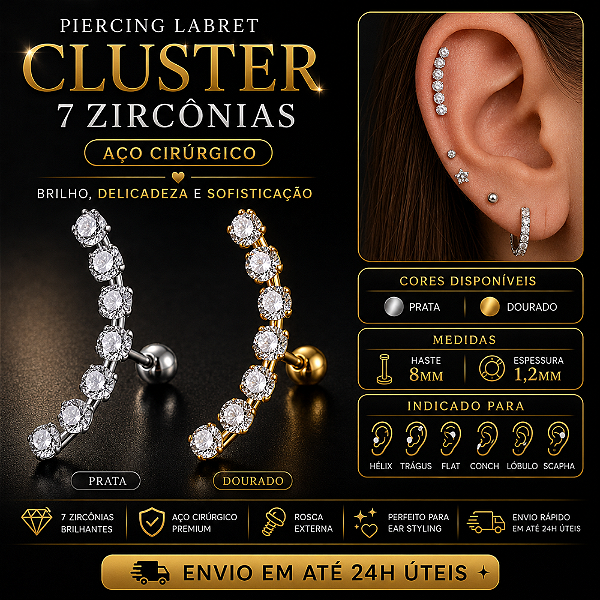 Piercing Cluster Zircônias Labret Aço Cirúrgico Hélix Trágus Conch Flat Prata Dourado