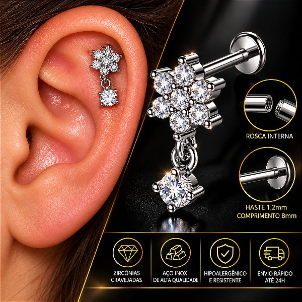 Piercing Labret Aço Flor Pêndulo Zircônia Hélix Trágus Conch Flat Lóbulo