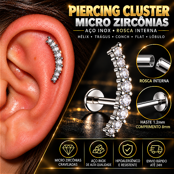 Piercing Cluster Aço Inox Micro Zircônias Rosca Interna Hélix Trágus Conch Flat Lóbulo