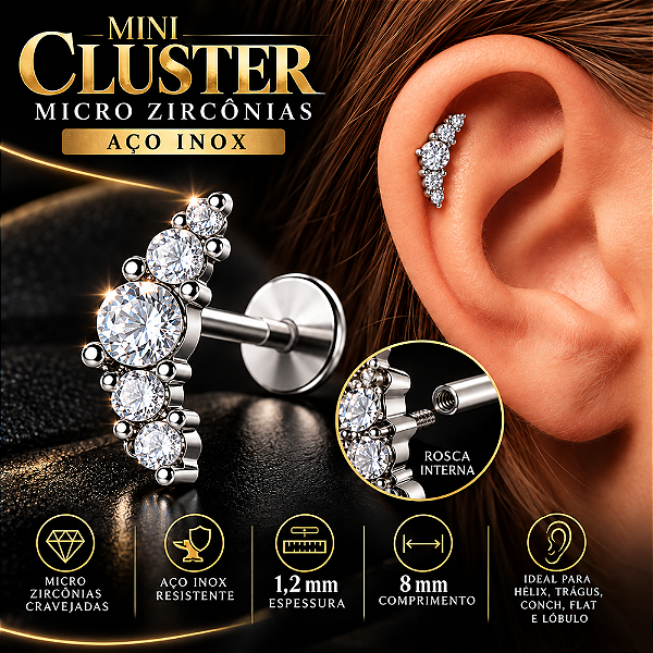 Piercing Labret Aço Inox Mini Cluster Micro Zircônias Rosca Interna Hélix Trágus Conch Flat Lóbulo