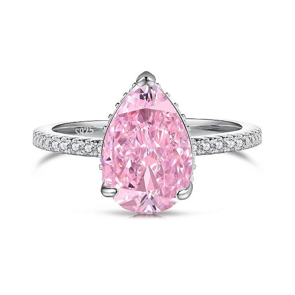 Anel Prata 925 Gota com Pedra Rosa e Microzircônias