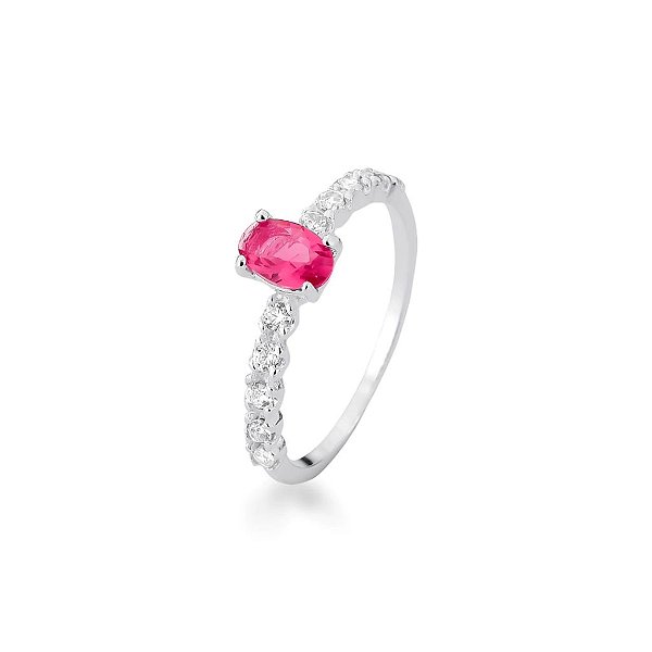 Anel Solitário Oval em Prata 925 com Pedra Rosa e Zircônias