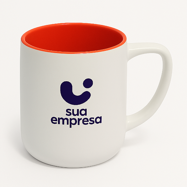 Caneca Personalizada | Cerâmica Branca Fosca + Interior Laranja | 325ml | Sua Logo Aqui!