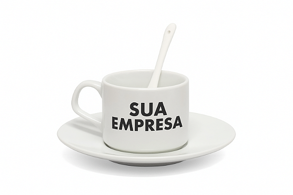 Jogo de Chá Personalizado | 150ml | Xícara, Pires e Colher em Cerâmica | Sua Logo Aqui!