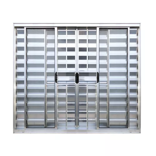 Janela Veneziana 6 Folhas Alumínio Brilhante Linha Modular – Com Vidro Liso e Grade de Proteção