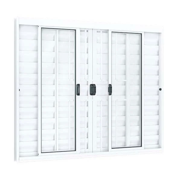 Janela Veneziana 6 Folhas com Grade – Linha Modular | Alumínio Branco e Vidro Liso