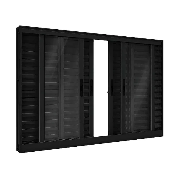 Janela de Correr Veneziana 6 Folhas Alumínio Preto com Vidro Liso - Linha 25 Premium