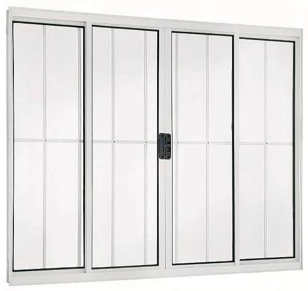 Janela Vitro de Correr 4 Folhas com Grade | Alumínio Branco e Vidro Liso – Linha Modular