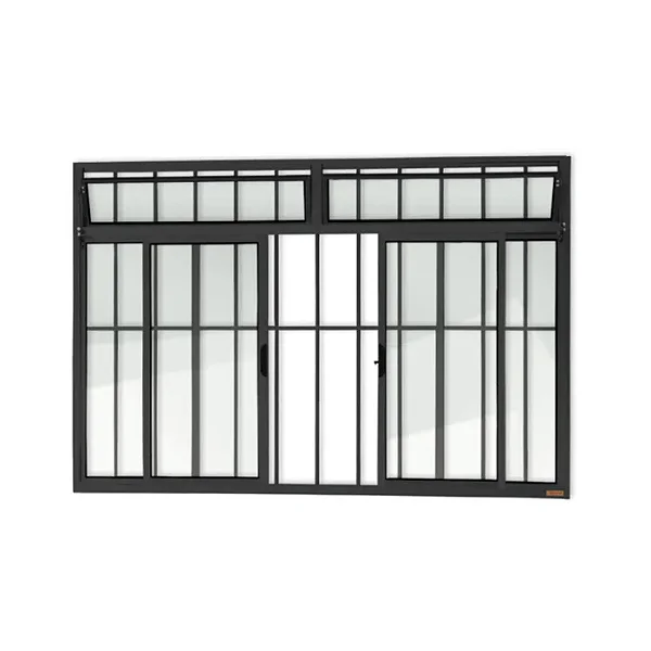 Janela Vitro de Correr 4 Folhas com Bandeira e Grade | Vidro Liso, Alumínio Preto – Linha Modular