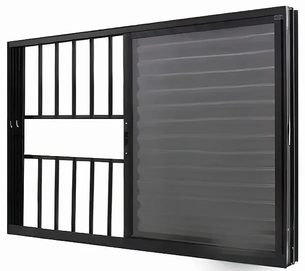 Janela Veneziana 3 Folhas de Alumínio Preto com Vidro Liso e Grade | Linha 25 Premium