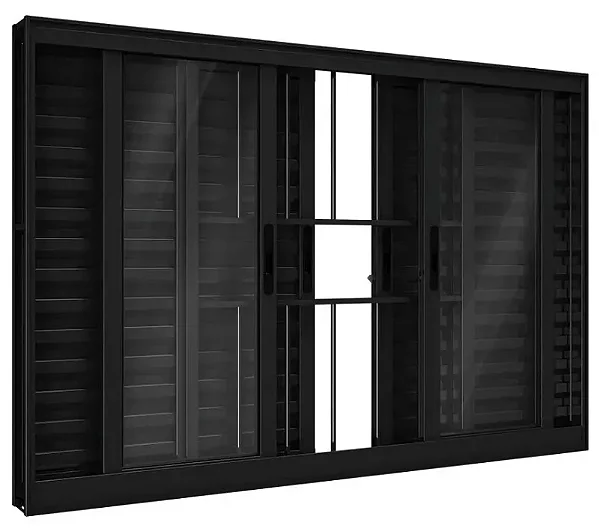 Janela Veneziana 6 Folhas com Grade | Alumínio Preto Linha 25 Premium
