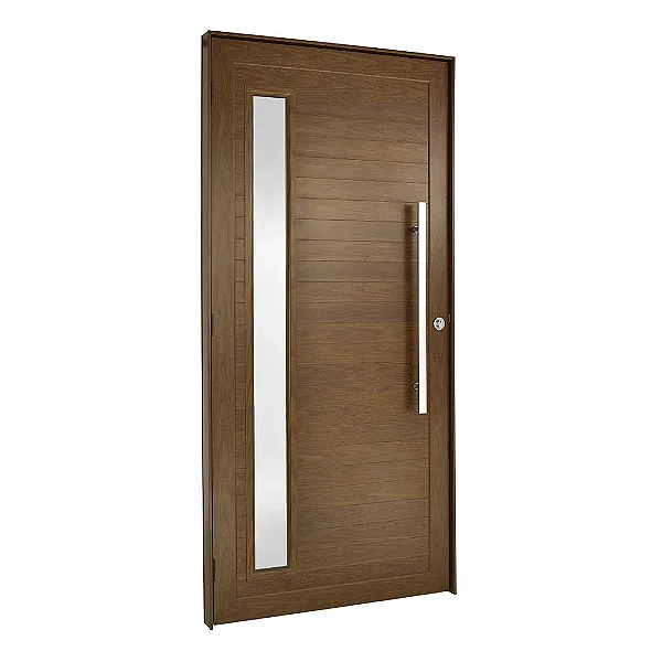 Porta com Visor Lateral e Puxador 80cm | Fechadura Rolete Linha Super 25, Alumínio e Madeira Cerejeira