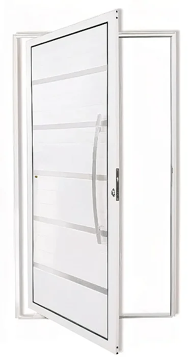 Porta Pivotante Lambril Premium com Frisos em Alumínio Branco | Puxador 80cm e Fechadura Rolete – Linha Super 25