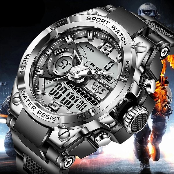 LIGE Digital Men Militar Watch 50m Relógio de pulso à prova d'água LED Re