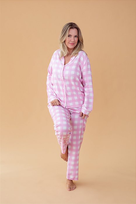 Pijama americano longo Xadrez Rosa