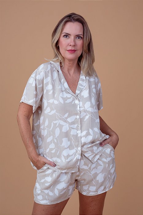 Pijama americano curto Bege Folhagem