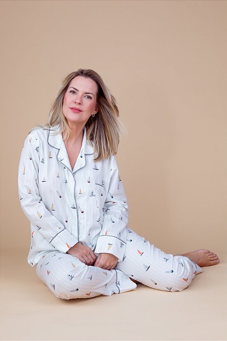 Pijama americano longo Branco Barquinho