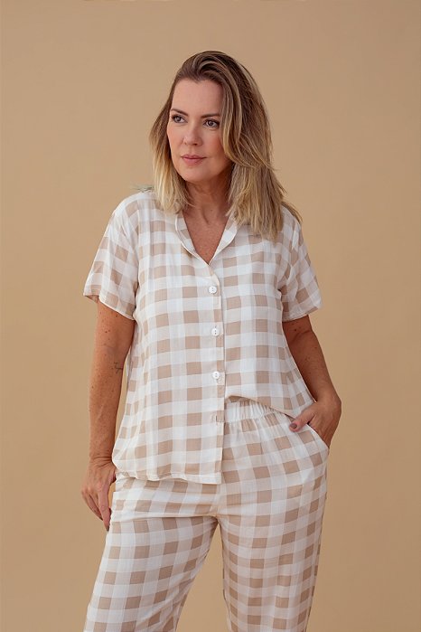 Pijama longo Xadrez Bege