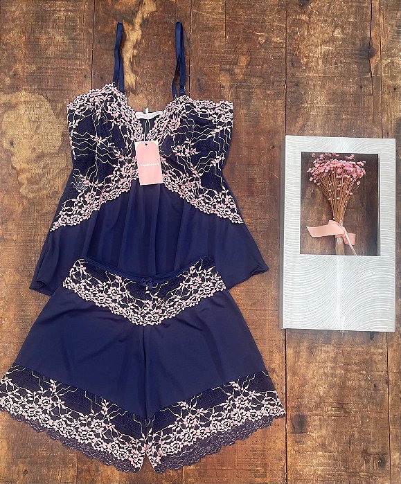 Babydoll Marinho com renda salmão