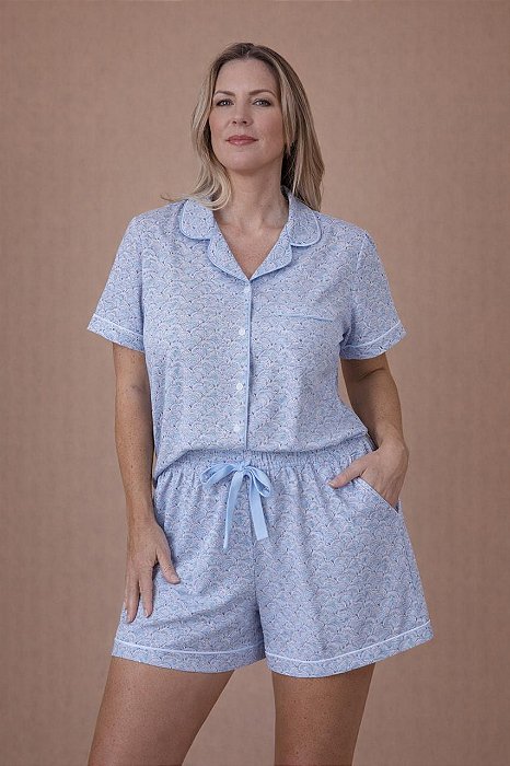 Pijama americano curto azul-lavanda