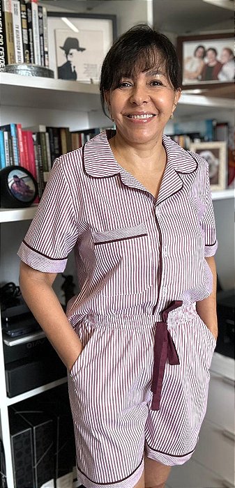 Pijama americano curto listras vinho