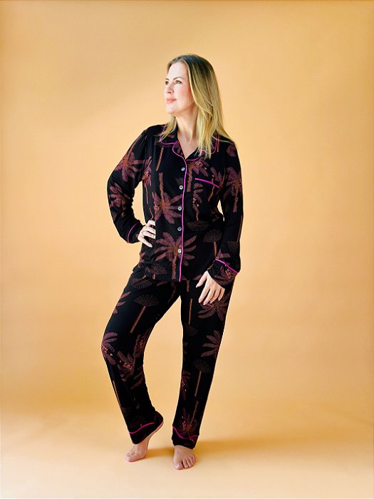 Pijama americano longo Preto Begônia
