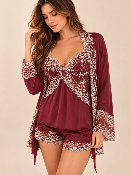 Babydoll com Robe Marsala e renda bege